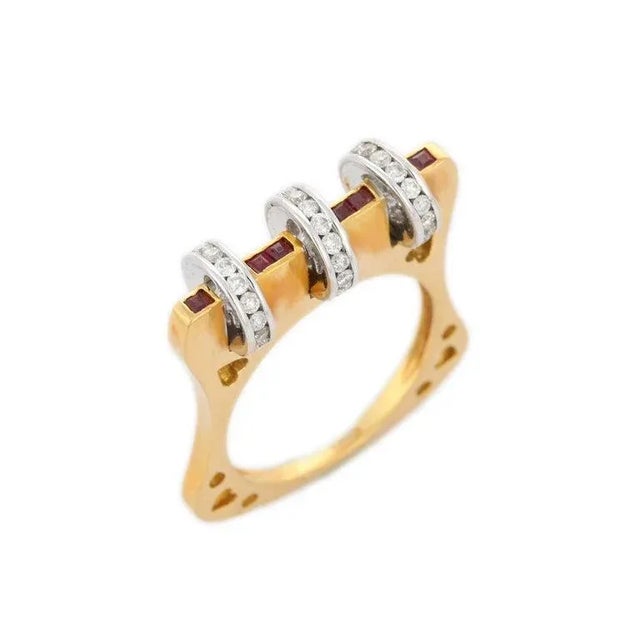 Metal 18k Solid Gold Contemporary Ruby Diamond Spinner Band Ring Size 7 For Sale - Image 7 of 10