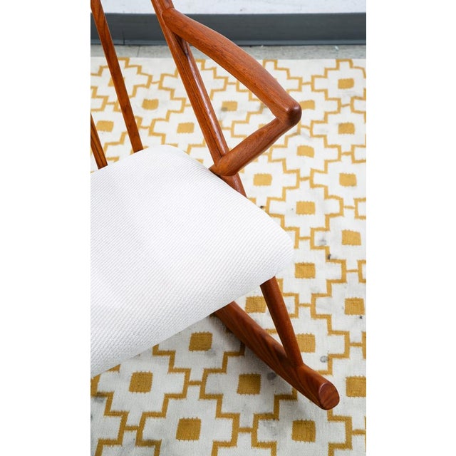 1960s Mid Century Danish Modern Rocking Chair Attributed to Benny Linden Teak Floating White Wool MCM For Sale - Image 10 of 12