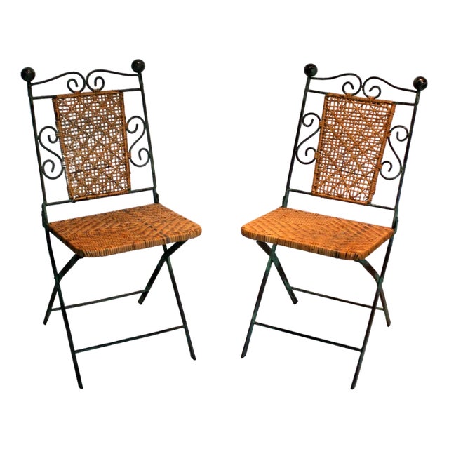 Set of Foldable Wrought Iron and Rattan Chairs For Sale