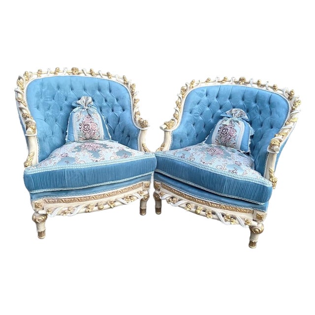 1970s French Louis XVI Turquoise Velvet Bergères Pair For Sale