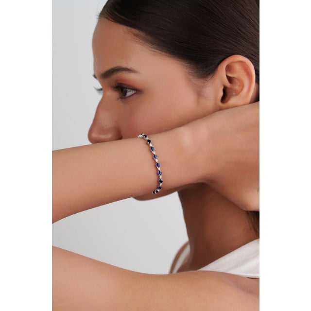 Not Yet Made - Made To Order Art Deco 6.13ct Blue Sapphire Diamond Mexican Tennis Bracelet in 14k Gold For Sale - Image 5 of 18