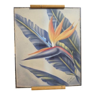 Ted Mundorff Vintage Floral Hawaiian Air Brush on Board Bird of Paradise 12 X 10 C1950 For Sale