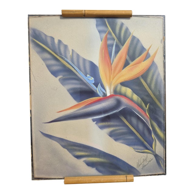 Ted Mundorff Vintage Floral Hawaiian Air Brush on Board Bird of Paradise 12 X 10 C1950 For Sale