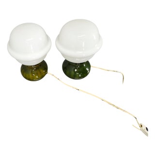 Milk Glass and Green Ceramic Table Lamps, Czech, 1970s, Set of 2 For Sale