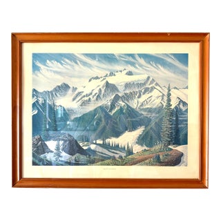 Vintage 1968 Large Mt Olympus Washington State Lithograph Ski Cabin Lodge Decor Seattle For Sale