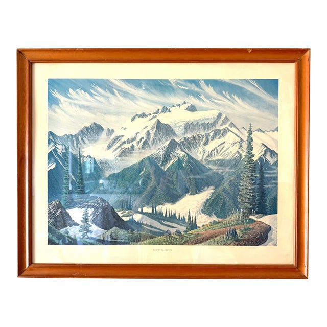 Vintage 1968 Large Mt Olympus Washington State Lithograph Ski Cabin Lodge Decor Seattle For Sale