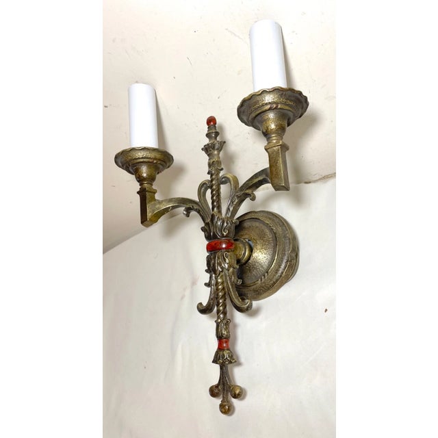 Traditional Antique Ornate Empire Style Dual Arm Gilded Bronze Brass Wall Sconce Fixture For Sale - Image 3 of 9