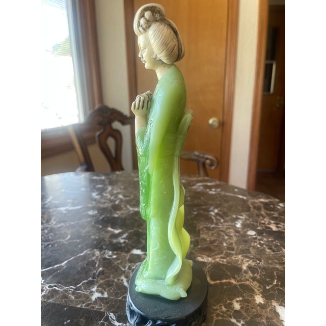 Jade 1980s Geisha Figurine Holding Flowers in Faux Jade For Sale - Image 8 of 12