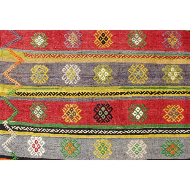 Red Mid 20th Century Colorful Large Turkish Kilim Carpet With Striped Geometric Shapes Design For Sale - Image 8 of 12
