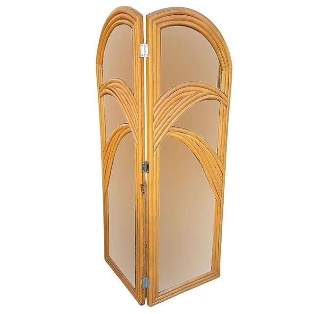 1930s Restored Art Deco Palm Frond Design Rattan Mirror Folding Screen For Sale - Image 4 of 6