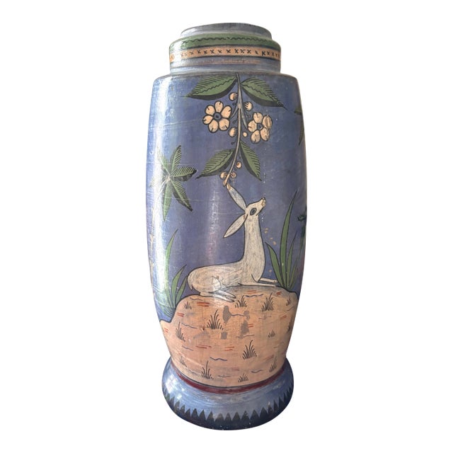 Vintage Mexican Tonala Burnished Clay Pottery Vase With Deer For Sale