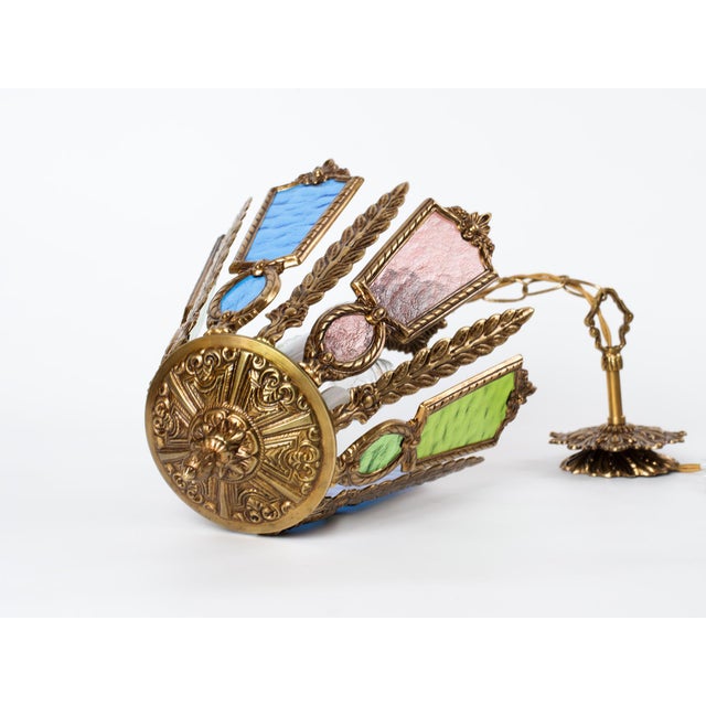 1960s Spanish Gothic Brass 3-Light Lantern With Multi-Color Stained Cathedral Glass For Sale - Image 9 of 12