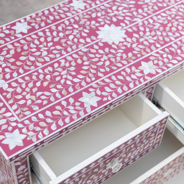 Arts & Crafts Arabesque Pink Mother of Pearl Inlay Four Drawer Chest by House of Jaipur For Sale - Image 3 of 8