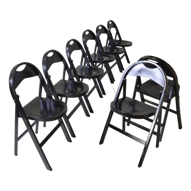 Tric Folding Chairs in Black Lacquered Beech by Achille & Pier Giacomo Castiglioni for Bernini, 1960s, Set of 8 For Sale