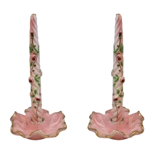 Vintage Hand Crafted California Pottery Pink & Gold Leaf Shape Candle Holders With Ceramic Candles 4 Piece Set