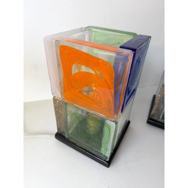 Pair of contemporary table or bedside lamps cubic pennellate pressed orange, blue, green, gold powder leaf, white Murano...