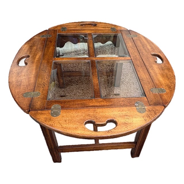 Late 20th Century Wooden Butler's Tray Table With Glass Inset Panels For Sale