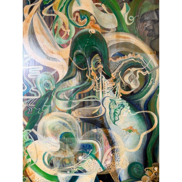 1970s Barbara Conger Expressionist Surrealist Abstract Oil on Plywood Painting, Framed For Sale - Image 4 of 12