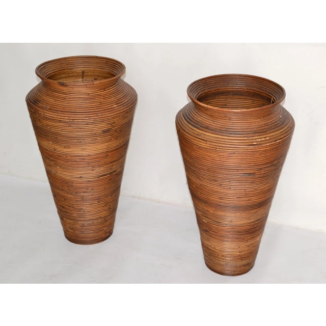 Mid-Century Modern Pair, Bohemian Pencil Reed Bamboo Handcrafted Tall Cone Shape Floor Vases For Sale - Image 3 of 13