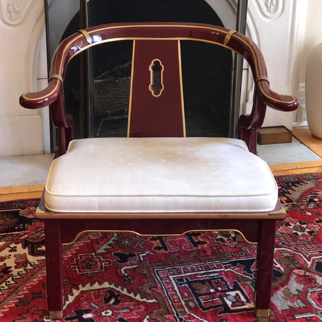 Wood 1970s James Mont-Style Oxblood Red Horseshoe Chinoiserie Accent Chair For Sale - Image 7 of 12