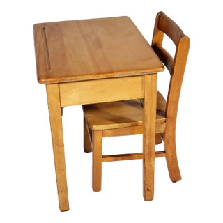 Vintage Original Mid-Century Modern Solid Maple Wood Childs Desk & Solid Wood Chair For Sale