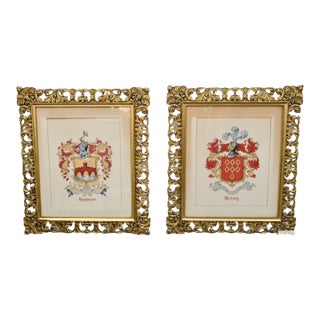 Vintage Pair Framed Prints Coat of Arm Ornate Gold Gilt For Sale