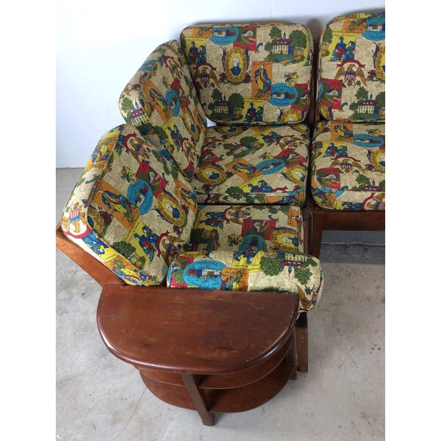 1960s Mid Century Maple Three Piece Sectional Sofa With Shelving and Vintage Colonial Patterned Upholstery For Sale - Image 5 of 18