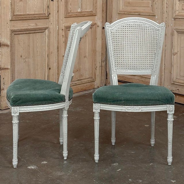 Set of Six Neoclassical Painted Swedish Chairs With Caned Backs & Mohair Seats For Sale - Image 9 of 15