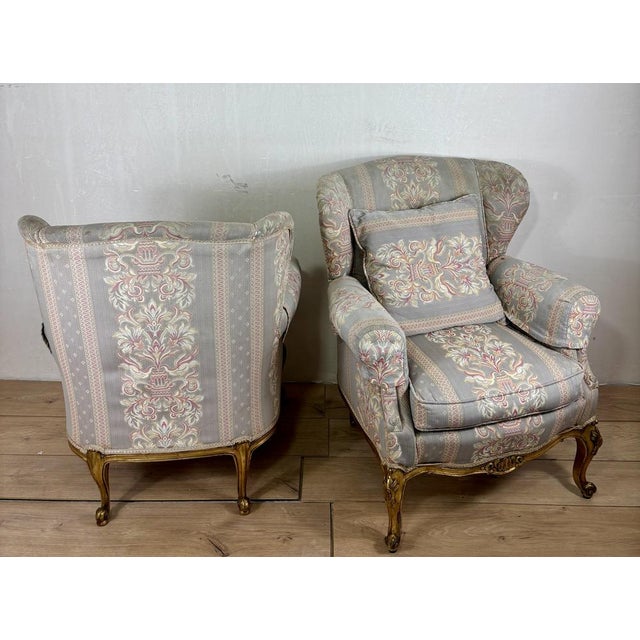 Wood French Louis XV Style Upholstered Armchairs with Giltwood Frames, 1940, Set of 2 For Sale - Image 7 of 12