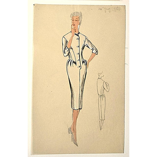 Paper Rare! C1950's Set of 4 Mid-Century French Original Fashion Drawings For Sale - Image 7 of 8