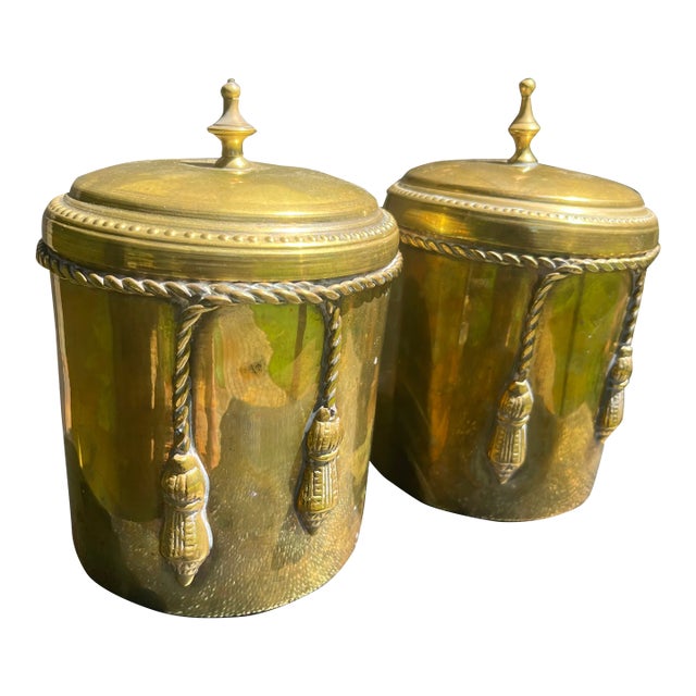 Mid 20th Century Brass Tassel and Rope Wrapped Canisters - a Pair For Sale