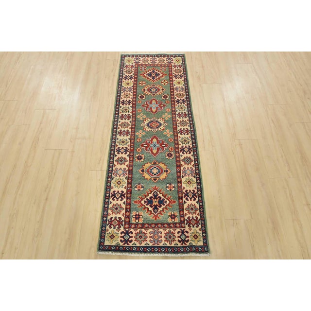 Farmhouse Kazak Runner 2’3” X 6′ Green Wool Tribal Hand-Knotted Oriental Rug For Sale - Image 3 of 11