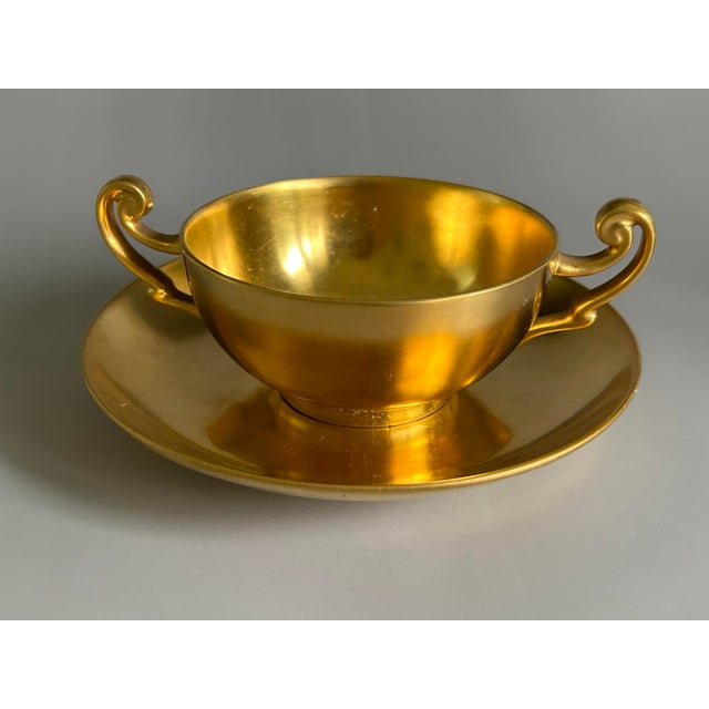 Ceramic Antique D & C France Healey Chryso Ceramics Gold Cream Soup Bouillon Cup & Saucer Set- 10 Pieces For Sale - Image 7 of 12