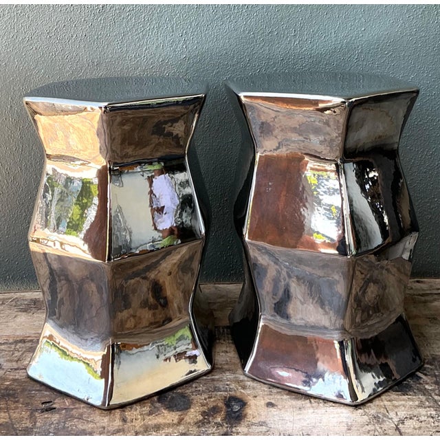 Vintage Faceted Metallic Glaze Low Stools - A Pair For Sale In West Palm - Image 6 of 18