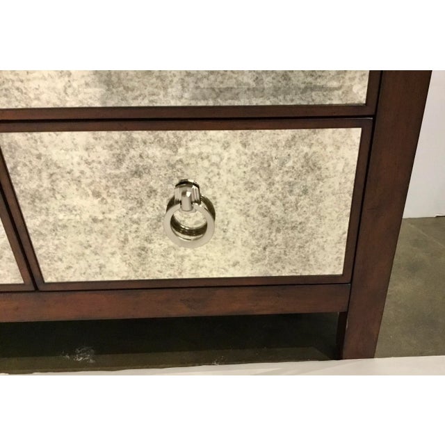 Stylish Modern Antiqued Mirror and Wood Chest of Drawers, polished nickel ring pulls, showroom floor sample