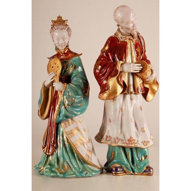 Mid 20th Century Vintage Italian Ceramic Sculptures Chinoiserie Glazed Terracotta Figures - A Pair For Sale - Image 5 of 15