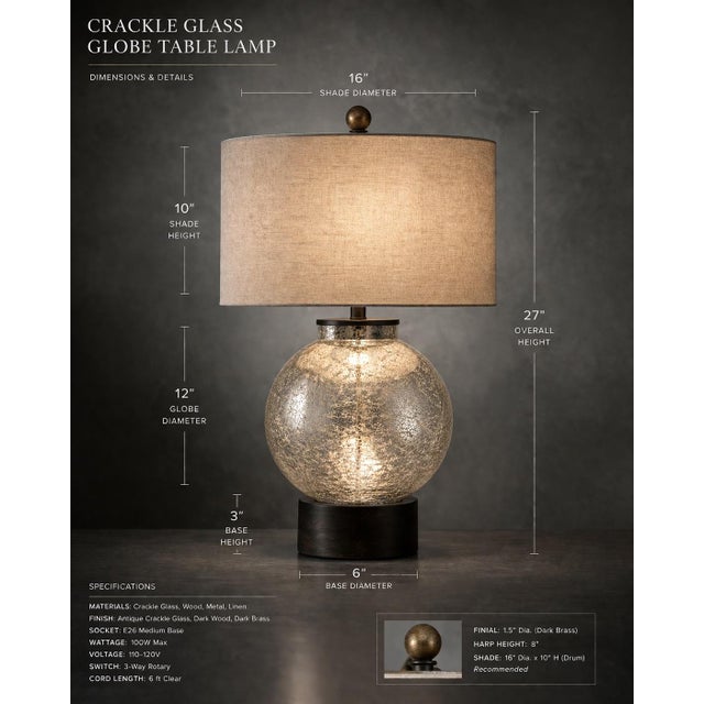 Late 20th Century Crackle Glass Globe Table Lamp With Dark Wood Base & Linen Drum Shade — 27” For Sale - Image 4 of 5
