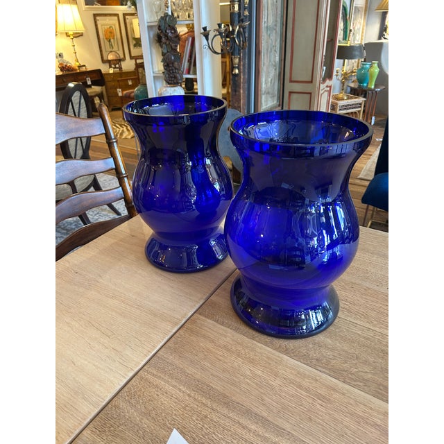 1980s Large Striking Cobalt Blue Glass Candle Hurricanes or Vases- A Pair For Sale - Image 5 of 7