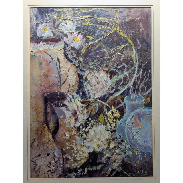 Late 20th Century Original Athy Mixed Media Decoupage Still Life Floral Painting For Sale - Image 10 of 15