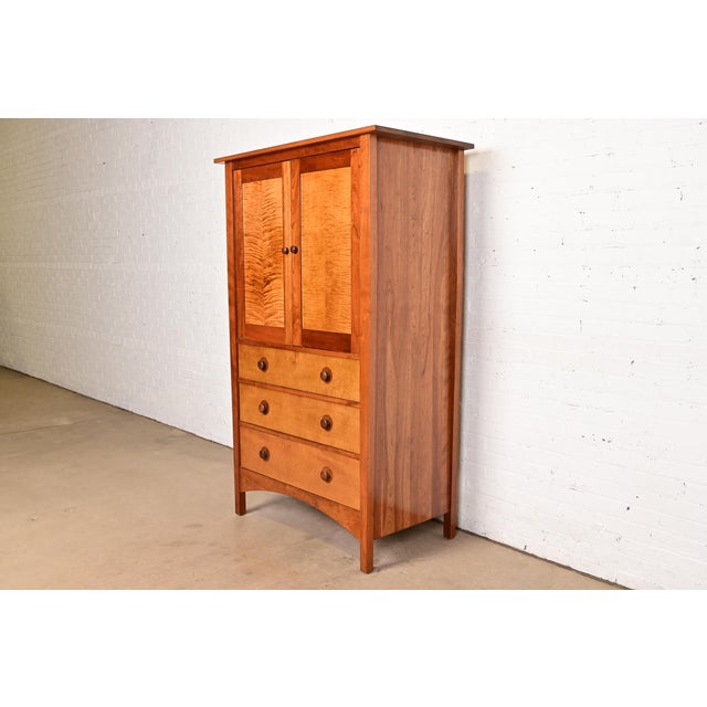 Mission Late 20th Century Stickley Harvey Ellis Collection Mission Arts & Crafts Cherry Wood and Tiger Maple Media Armoire Cabinet For Sale - Image 3 of 14