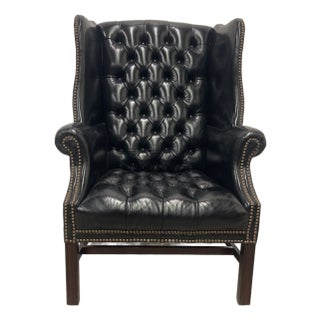 Late 20th Century Black Leather Tufted Wingback Chair For Sale