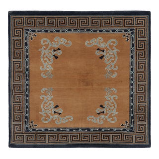 Rug & Kilim’s Chinese Art Deco Inspired Square Rug, Brown With Greek Key Border For Sale