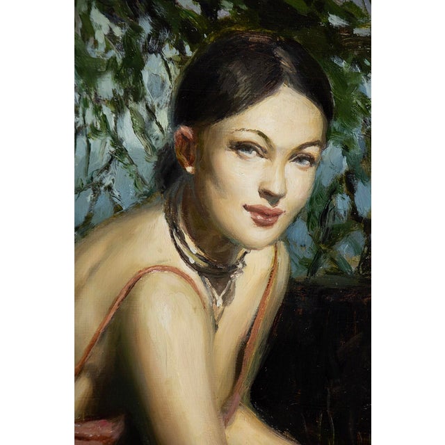 Figurative Truth by Nadezda | Oil on Panel Woman in a pink dress holding carrots in a grassy field. For Sale - Image 3 of 5