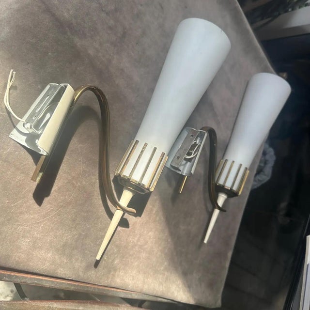 Two 1950s Stilnovo Style Mid-Century Modern Brass and Glass Italian Wall Sconces For Sale - Image 11 of 13