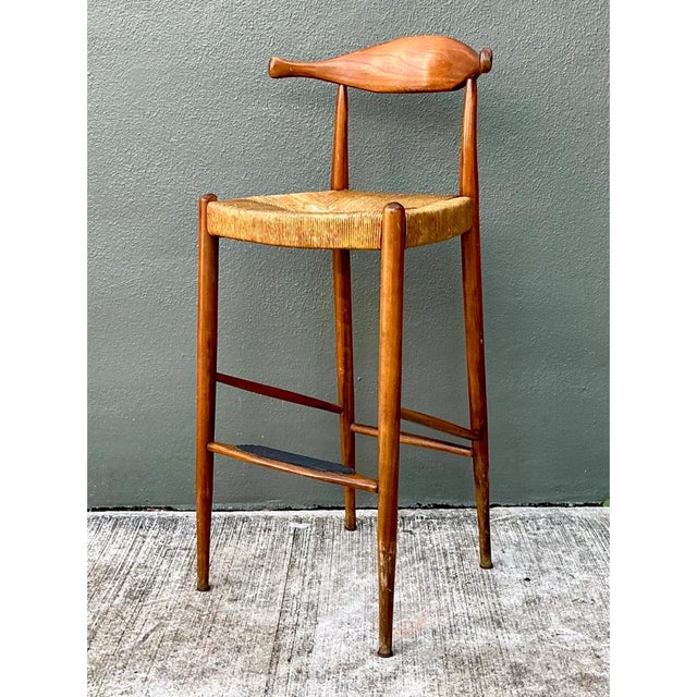 Vintage MCM Wood and Rush Bar Stool For Sale - Image 4 of 12