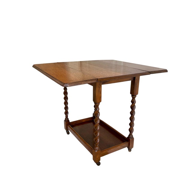 Antique English Oak Drop-Leaf Card Table or Bar Cart With Barley-Twist Legs For Sale - Image 6 of 17