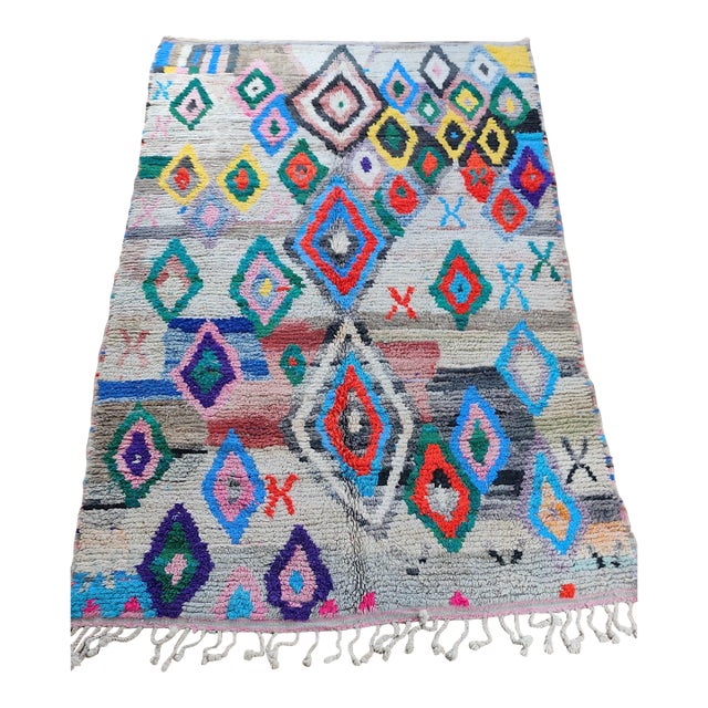 Multicolor Diamond Handwoven Wool Moroccan Boujaad Rug For Sale