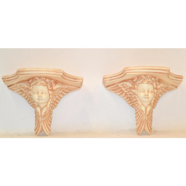 Pair of 1990s Ceramic Angel Head Wall Shelf Gold Bonze Cherub Gothic Baroque Victorian Décor For Sale In Miami - Image 6 of 12