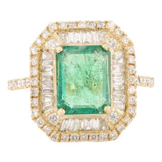 Bewitching Elate Ring With Emerald & Double Halo Diamonds Size 6 For Sale
