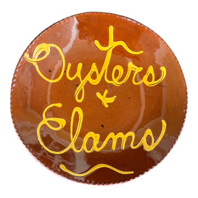 Signed Nantucket Style “Oysters + Clams” Slip Red Ware Plate For Sale